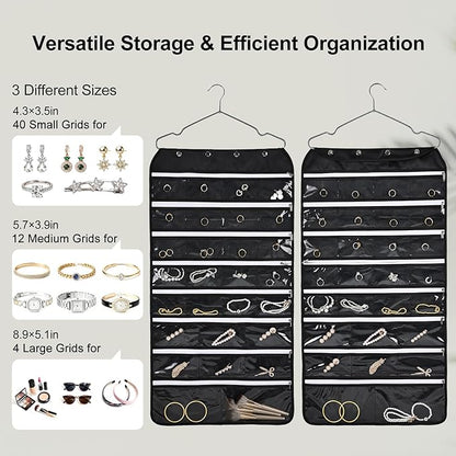 Hanging Jewelry Organizer Storage Roll 56 Zippered Pockets with Detachable Hanger Double-Sided Foldable, Travel Jewelry Holder for Earrings, Rings, Bracelets, Hanging on Closet, Wall, Door, Black