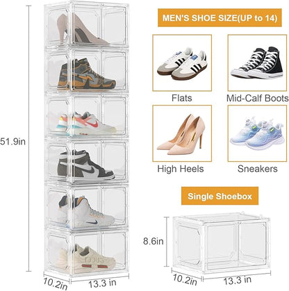 Shoe Box,Set of 6,Stackable Plastic Clear Shoe Box Organizer with Magnetic Door,Shoe Storage Box Thicken Sturdy,Easy Assembly,Fit up to US Size(Side opening door, Clear)