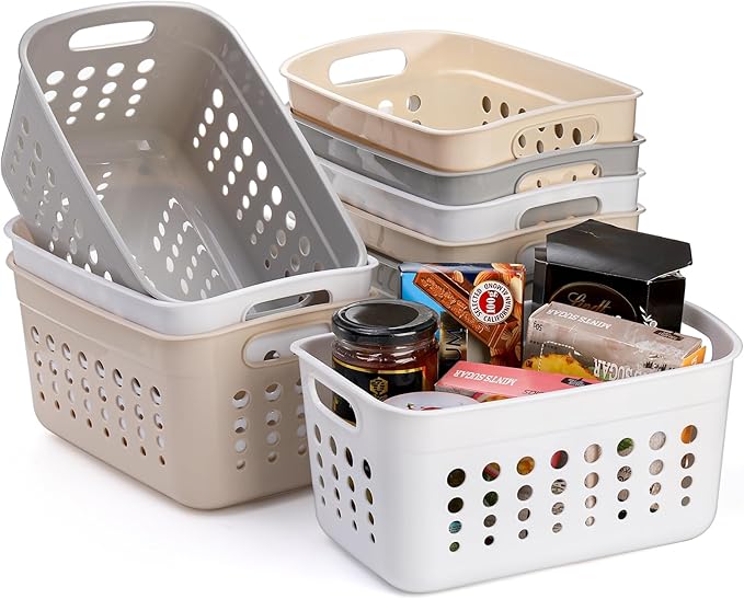DEAYOU 9 Pack Plastic Storage Basket, Small Pantry Organizer Basket Bins, Rectangular Storage Tray Baskets Container with Handle for Shelf, Household, Desktop (Beige, White, Gray)