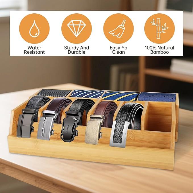 Adjustable Wood Belt Organizer, 10 Compartments Belt Rack and Tie Storage Holder for Closet and Drawer, Belt Holder Organizer and Displayer, Tie Holder Storage for Men Women, Wood Color