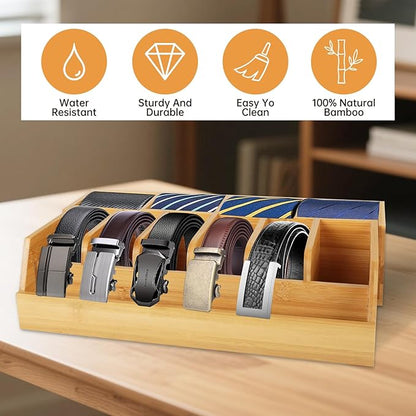 Adjustable Wood Belt Organizer, 10 Compartments Belt Rack and Tie Storage Holder for Closet and Drawer, Belt Holder Organizer and Displayer, Tie Holder Storage for Men Women, Wood Color