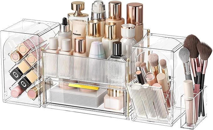 Seoneiro Makeup Organizer with Drawers, Cosmetic Storage for Dresser Countertop and Bathroom Vanity, Beauty Holder for Lipstick Brush Skincare Display case (Transparent)