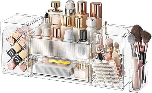 Seoneiro Makeup Organizer with Drawers, Cosmetic Storage for Dresser Countertop and Bathroom Vanity, Beauty Holder for Lipstick Brush Skincare Display case (Transparent)