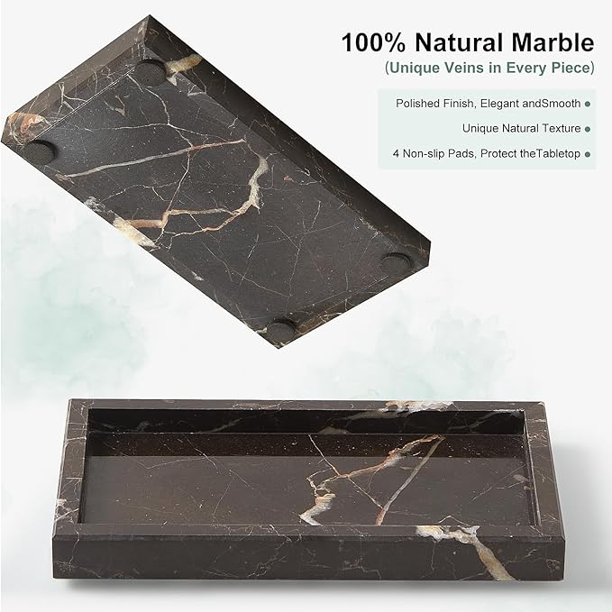 Natural Small Marble Vanity Tray, Luxury Stone Organizer for Bathroom & Kitchen | Holds Soap Dispenser, Jewelry, Perfume | Non-Resin, Non-Ceramic Décor