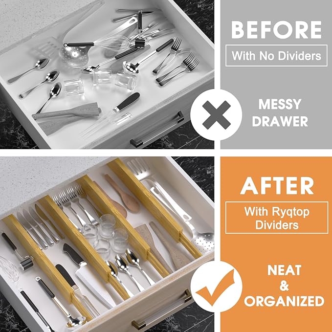 Bamboo Drawer Dividers Organizers, Kitchen Drawer Organizer, Adjustable Drawer Divider for Clothes, Kitchen, Dresser, Bedroom, Bathroom and Office, 4-Pack (Natural, 12-17 IN)