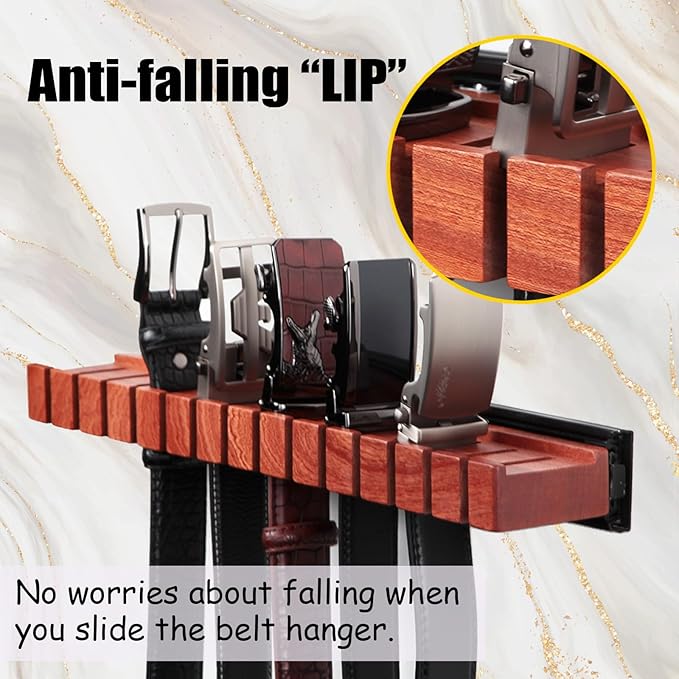 Premium Walnut Wood Belt Organizer with Sliding System - 14-Belt Heavy-Duty Belt Holder, Wall-Mounted Belt Hanger for Closet, Space Saving Storage & Elegant Father’s Day Gift