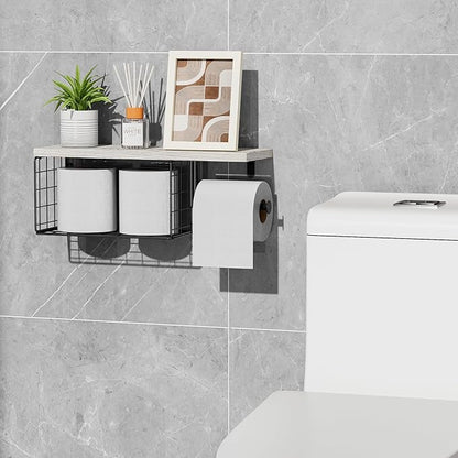 VITVITI Toilet Paper Holder with Shelf, Wall Mounted Toilet Paper Storage Basket, Wood Metal Toilet Roll and Wipes Holder for Bathroom Farmhouse (Vintage White)