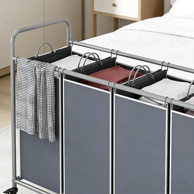 Laundry Basket, 4-Bag Laundry Hamper, Grey Laundry Sorter with Heavy Duty Lockable Rolling Wheels, Laundry Room Organization with Removable Bags Basket Separator for Dirty Clothes Storage