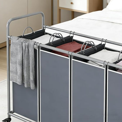 Laundry Basket, 4-Bag Laundry Hamper, Grey Laundry Sorter with Heavy Duty Lockable Rolling Wheels, Laundry Room Organization with Removable Bags Basket Separator for Dirty Clothes Storage