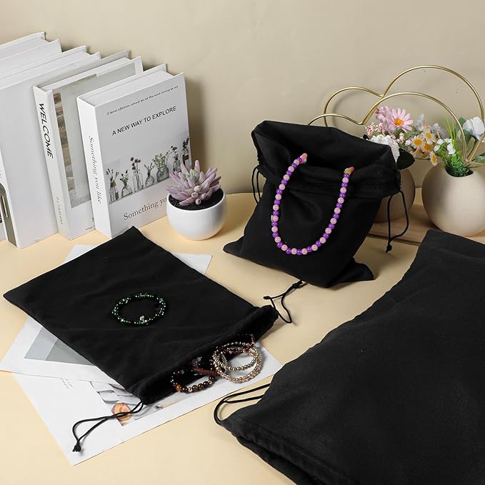 8PCS Silver Storage Bags Anti Tarnish with Drawstring 18" x 18" 9" x 12" Anti Tarnish Jewelry Storage, Velvet Silverware Polishing Storages Pouch for Jewelry, Flatware, Trays, Vase (Black)