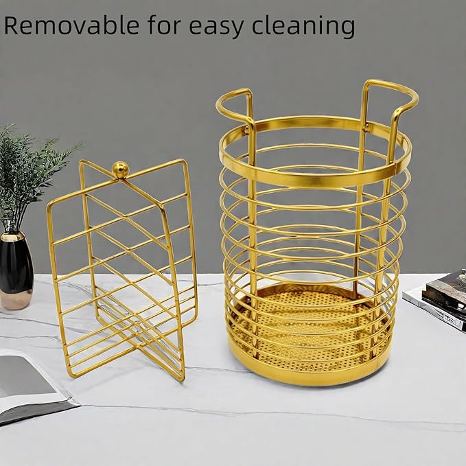 ZECNG Gold Kitchen Divided Organizer, Kitchen Countertop Holder for Serving Utensils, Stainless Steel Mesh Storage Baskets for Holding Knife Fork Spoon