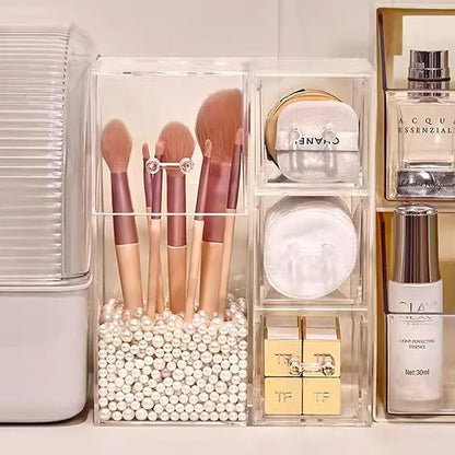 ShellKingdom Makeup Brush Holder,Clear Cosmetic Brushes Organizer With Drawer for Storage Brushes with Lid and Pearl for Dressing Tables and Vanity
