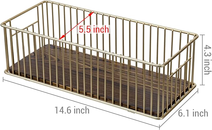 MyGift Modern Brass-Tone Metal Wire Toilet Paper Holder Basket with Rustic Burnt Solid Wood Base, Toilet Tank Topper Organizer Tray Bathroom Sink Counter Toiletries Storage
