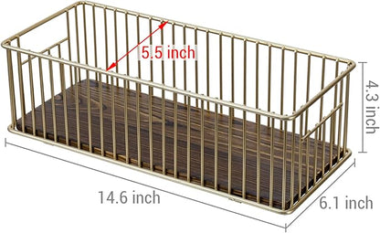 MyGift Modern Brass-Tone Metal Wire Toilet Paper Holder Basket with Rustic Burnt Solid Wood Base, Toilet Tank Topper Organizer Tray Bathroom Sink Counter Toiletries Storage