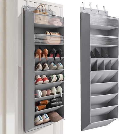 Mefirt 16-20 Pairs Over the Door Shoe Organizer, Clear Pockets Shoe Rack for Closet Door, Hanging Shoe Rack for Boots, Behind the Door Shoe Holder Fit All the Family's Sneakers, Boots, Heels, Grey
