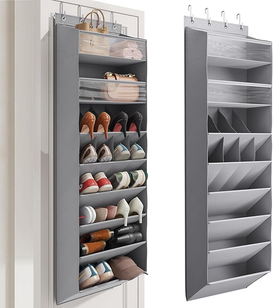 Mefirt 16-20 Pairs Over the Door Shoe Organizer, Clear Pockets Shoe Rack for Closet Door, Hanging Shoe Rack for Boots, Behind the Door Shoe Holder Fit All the Family's Sneakers, Boots, Heels, Grey