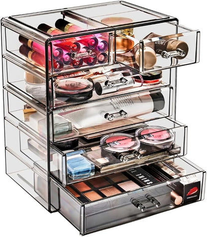 Sorbus Acrylic Makeup Organizer Set, 6-Drawer Vanity & Countertop Cosmetic Storage with Small & Wide Drawers, Black Jewel Makeup Storage for Brushes, Lipsticks, Jewelry, Holiday Gift for Women & Teens