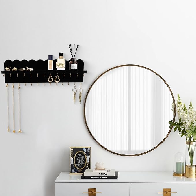 Wall Mount Jewelry Organizer with 26 Hooks and Cosmetics Shelf, Modern Wood Hanging Jewelry Holder for Necklaces, Bracelets, Earrings and Rings, Black
