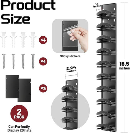 Hat Organizer Hold up to 20 Hats, 2 Pack Hat Rack for Wall with Strong Adhesive, Hat Organizer for Baseball Caps Display for Door Closet, Hat Hanger Holder Multilayer Two Mounting Option(Black)