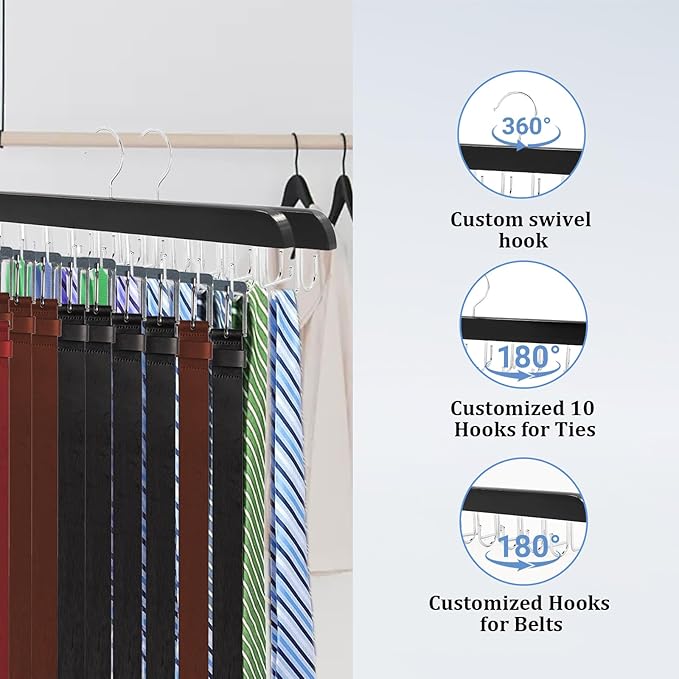 4 Pack Tie Rack & Belt Hanger, 2 in 1 Ties Hanger for Closet, Ties Organizer for Men, Space Saving Necktie Organizer with 20 Hooks, Sturdy Wood Belt & Tie Collection for Closet (Black)