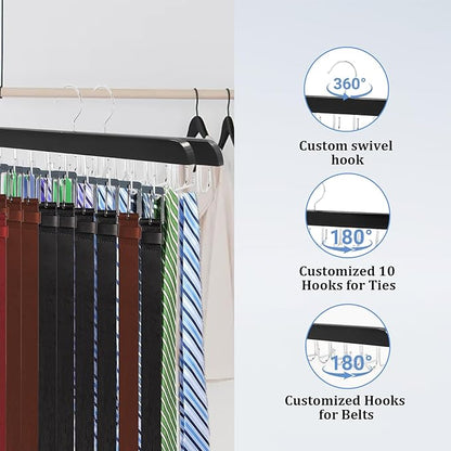 4 Pack Tie Rack & Belt Hanger, 2 in 1 Ties Hanger for Closet, Ties Organizer for Men, Space Saving Necktie Organizer with 20 Hooks, Sturdy Wood Belt & Tie Collection for Closet (Black)