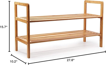 Mosa Natural Bamboo 2-Tier Shoe Rack (27.6" X 10.2" X 15.7"), Wood Shoe Shelf Wooden Shoe Storage Organizer