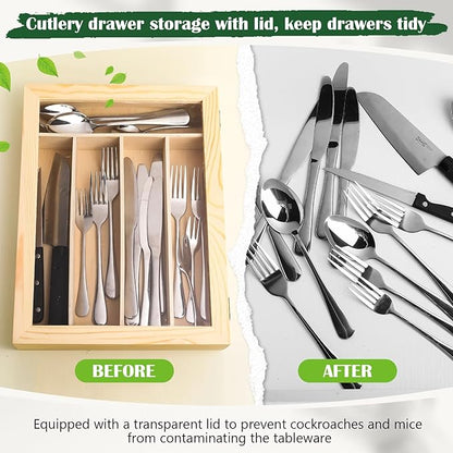 Baderke Silverware Storage Box with Lid Kitchen Drawer Organizer Utensil Organizer with Lid 5 Slots Wooden Silverware Storage Case Silverware Container Tray for Kitchen Cutlery Countertop