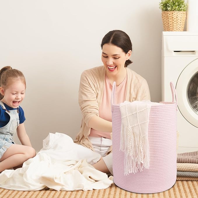 Woven Cotton Rope Laundry basket-15”X20” Laundry Hamper-Rope Storage Basket for Dirty Clothes, Toys and Blankets Perfect for Bathroom, Baby nursery and Living Room Storage (pink)