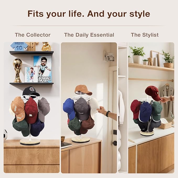 Keebofly Rotating Free Standing Hat Rack & Organizer Stand, 3-Tier Merchandise Display & Tabletop Baseball Cap Organizer Holds 40+ Caps, Portable for Vendor & Home Use in Bedroom, Closet, Entryway