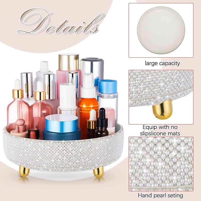 Honeydak White Bling Perfume Makeup Organizer Bling Mother's Day Nurse Day Gifts for Women Bathroom Organizers and Storage 360 Rotating Makeup Organizer for Countertop(Pearl)