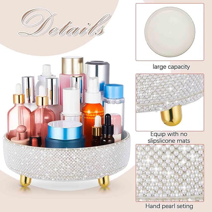 Honeydak White Bling Perfume Makeup Organizer Bling Mother's Day Nurse Day Gifts for Women Bathroom Organizers and Storage 360 Rotating Makeup Organizer for Countertop(Pearl)