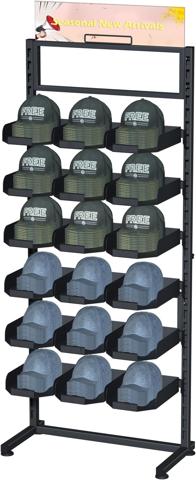 Large Hat Rack Stand - 6 Tier Adjustable Ball Cap Storage Organizer With 18 Plate Tray for 180 Baseball Hat,Standing Coat Rack, Commercial Home Use, Black Metal Shelving