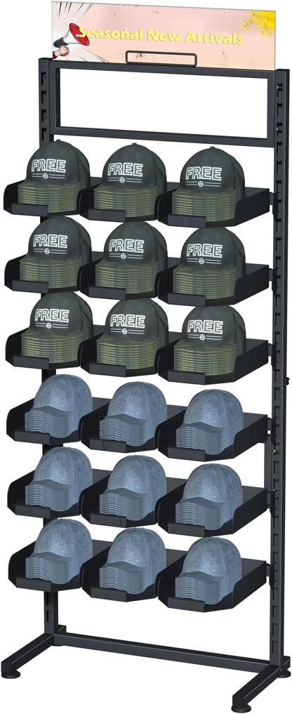 Large Hat Rack Stand - 6 Tier Adjustable Ball Cap Storage Organizer With 18 Plate Tray for 180 Baseball Hat,Standing Coat Rack, Commercial Home Use, Black Metal Shelving