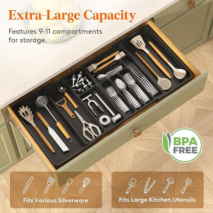 Lifewit Utensil Organizer for Kitchen Drawer, Expandable Cooking Silverware Tray, Adjustable Cutlery Flatware Holder, Plastic Spatula Tools Storage Divider, 21.3- 36 x 16.9", Black