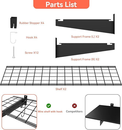 TORACK 2 Pack Garage Wall Shelves, 15" x 45" Wall Mounted Wire Shelves for Garage Heavy Duty Wall Shelving(Pack of 2, Black)