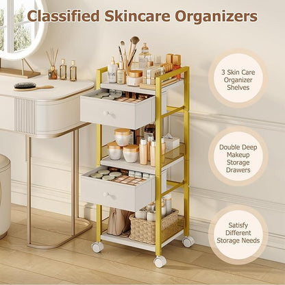 Flycity Makeup Organizer Cart with Drawers, 5 Tiers Rolling Makeup Cart, Floor Skincare Organizers, Vanity Organizer Storage with Wheels Cosmetic Display Cases for Skin Care Perfume Nail Polish, Gold