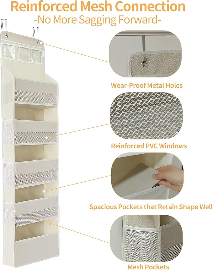 Over the Door Organizer, Door Storage Organizer with Large Capacity Pockets, Hanging Shelves for Bedroom, Closet, Dorm, Pantry (Beige, 4-Tier)