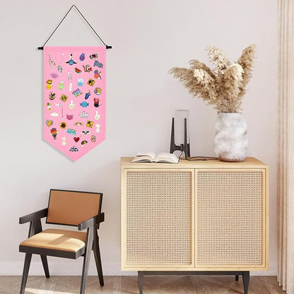 Kunyeah Wall Hanging Brooch Organizer Storage Case Colorful Canvas Pin Board Stand Enamel Pin Badge Hanging Holder Display Banner Earrings Collection Holder - Pins No Included (Pink)