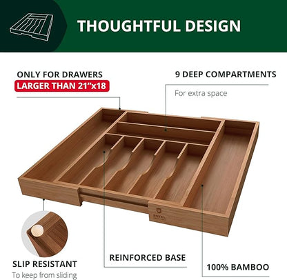 ROYAL CRAFT WOOD Luxury Bamboo Kitchen Drawer Organizer - Silverware Organizer - Utensil Holder and Cutlery Tray with Grooved Drawer Dividers for Flatware and Kitchen Utensils (9 Slot, Brown Bamboo)