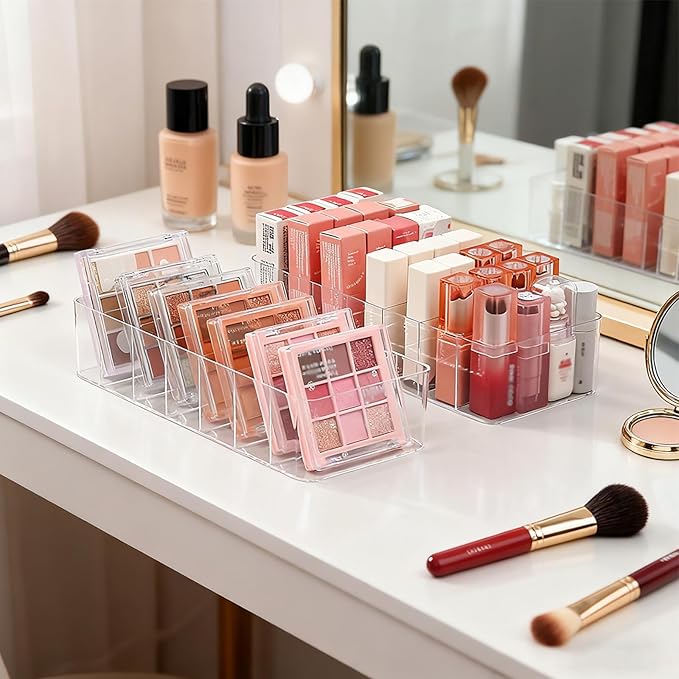 Clear Acrylic Makeup Organizers, 7-Section Bathroom Organizer for Drawer, Cosmetic Display Cases, Blushes Highlighters Eyeshadow Powder Makeup Organizer Holder Storage