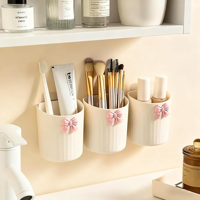 Wall-Mounted Plastic Small Makeup Brush Holder with Bow, Self-adhesive Multifunctional Holder Cup for Brushes, Pens & Pencils, Toothbrushes, Ideal for Bathroom or Office Countertop