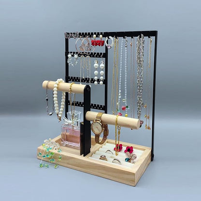 Jewelry Organizer Stand 4-Tier Hanging Jewelry Organizer Holder Display Stands for Earrings Necklaces Bracelets Rings Watches (4-Tier Burlywood)…