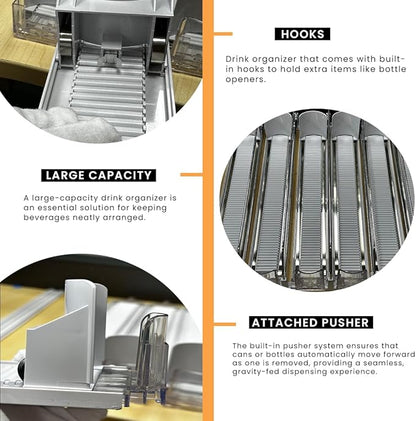 Soda Can Organizer with Automatic Can Pusher | Refrigerator Drink Organizer | Beverage Dispenser for Soda, Cans and Bottles | Space-Saving | Stainless Steel | Adjustable Sizes | 6 Rows