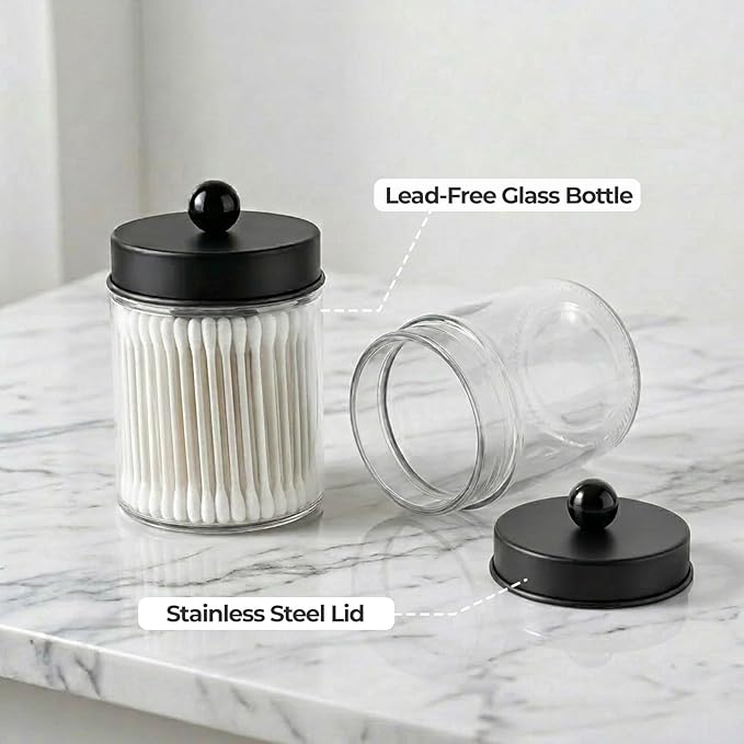 Amolliar Apothecary Jars Bathroom Vanity Organizer -Countertop Canister Jar with Storage Lid - Qtip Dispenser Holder Glass for Qtips,Cotton Swabs,Makeup Sponges,Hair Band- Black (1 Pack)