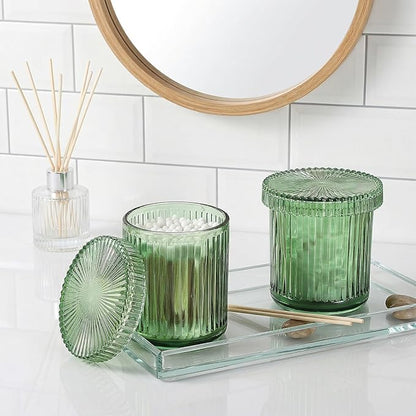 2 Pack Glass Qtip Holder with Lid, Qtip Dispenser Bathroom Storage Jars- Glass Apothecary Jars for Cotton Ball, Swab, Pads, Floss Picks, Bathroom Accessories Organization and Vanity Organizer(Green)