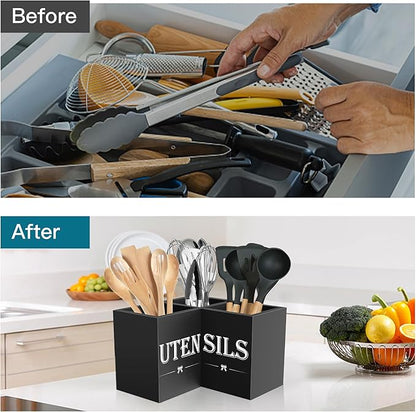 Suli Extra Large Kitchen Utensils Holder with 3 Compartments,Corner Utensil Caddy for Countertop,Wooden Utensil Organizer for Kitchen Countertop, Farmhouse Decor- Black
