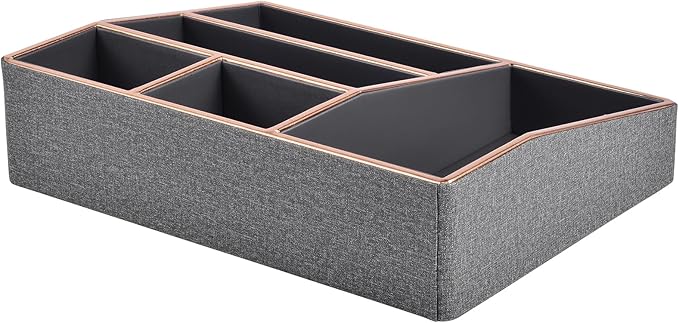 PU Leather Makeup Organizer Tray,Large Vanity Organizer,Cosmetic Storage Box for Lipstick Brushes Skincare Perfume,Cosmetic Display Case Rose Gold-trimmed for Dresser,Bathroom Countertop(Grey)