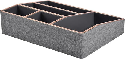 PU Leather Makeup Organizer Tray,Large Vanity Organizer,Cosmetic Storage Box for Lipstick Brushes Skincare Perfume,Cosmetic Display Case Rose Gold-trimmed for Dresser,Bathroom Countertop(Grey)