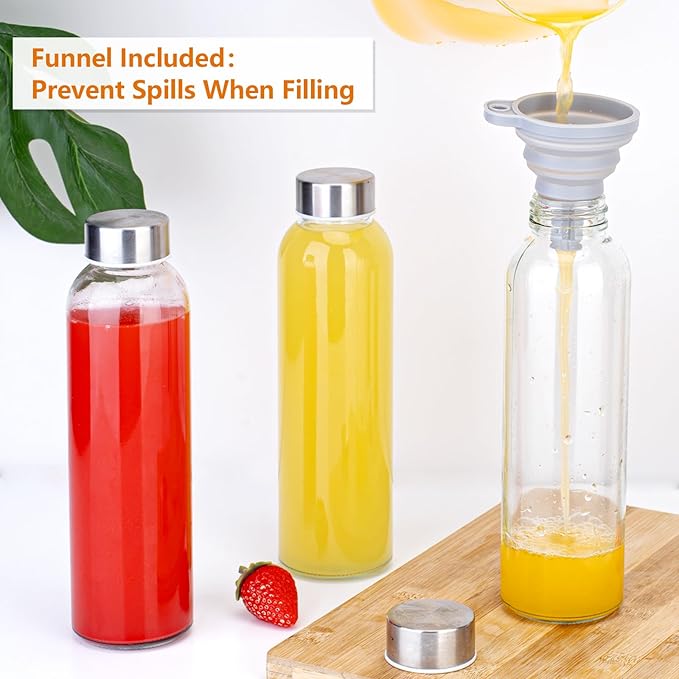 Zukro Glass Water Bottles with Lids 24 oz, 6 Pack Reusable Juice Bottles With Stainless Steel Airtight Cap for Juicing, Leak Proof Clear Drinking Jar Beverage storage container for Fridge, BPA Free