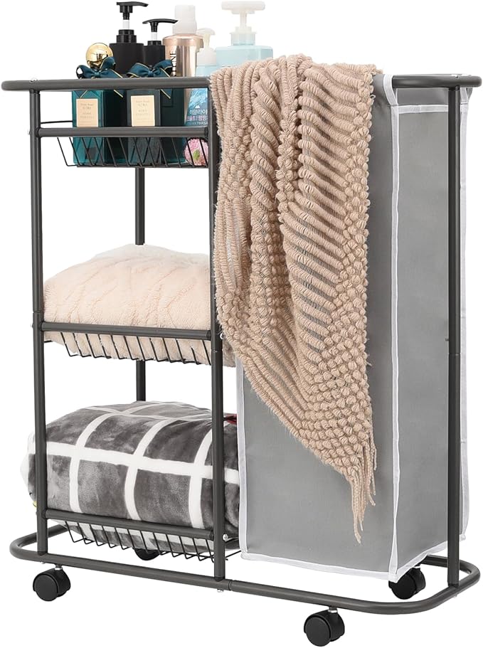 Rolling Laundry Sorter with 3 Storage Baskets and 45 L Bag, 3-Tier Laundry Caddy Between Washer and Dryer,Laundry Room Organization with Wheels and Handle for Narrow Space Bathroom Apartment Dorm